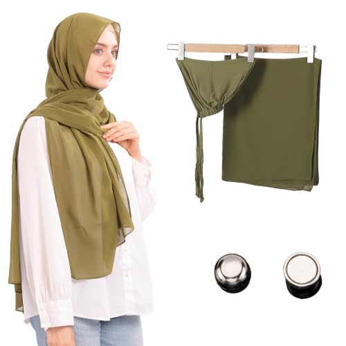 Jonglroy Muslim Chiffon Hijab magnets Head Scarf with Matching Tie Back Jersey Undercap - color: Olive Green