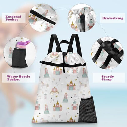 Pink Princess Castle Drawstring Backpack, 15” x 17” Waterproof Swim Bag for Beach Swimming Pool, Lightweight Foldable Gym Bag with Water Bottle Holder for Sports Travel - color: Princess Castle