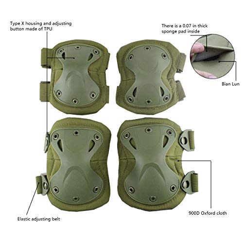 Combat Knee & Elbow Protective Pads Set for Outdoor CS Paintball Game Cycling Safety Skateboarding Gear Skates Knee Protection Guard Pads - color: Green