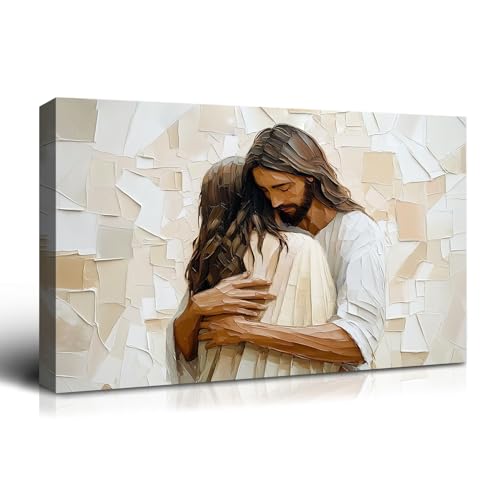 Wewejia Jesus Canvas Wall Art 16x12 inch, Jesus Embracing Woman Picture, Large Religious Beliefs Painting Wall Art Print, Christianity Poster Bible Mural, Living Room Bedroom Church Wall Decor - color: WWJYSS134, size: 16"L x 12"W