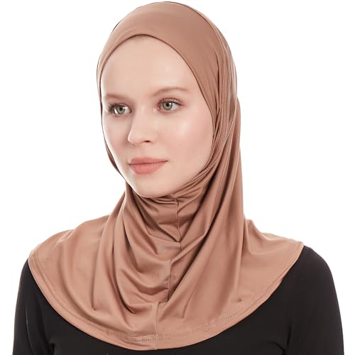 Plain Ready To Wear Amira Hijab for Women - Muslim Instant Amira Jersey Scarf – Soft Muslim One Piece Instant Hijab Headscarf - color: Brown