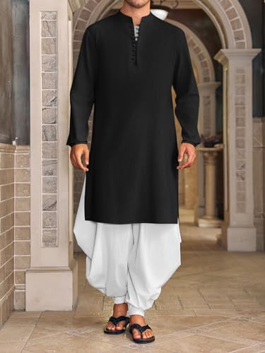 Runcati Mens Kaftan Thobe Button Down Henley Shirts Robe Long Sleeve Casual Cotton Linen Muslim Gown Shirt - color: Black, size: XX-Large