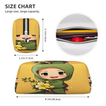 Cartoon Muslim Girl print Pencil Bag waterproof Zipper Pencil Case Leather Pen Box Cosmetic Bag For Office Pencil - color: Silver