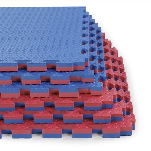 Xspec 1" Extra Thick 48 sq ft Reversible EVA Gym Foam Floor Mat Tiles (24" x 24"), Steel Pattern, 12 pcs, Blue & Red - color: Blue/Red