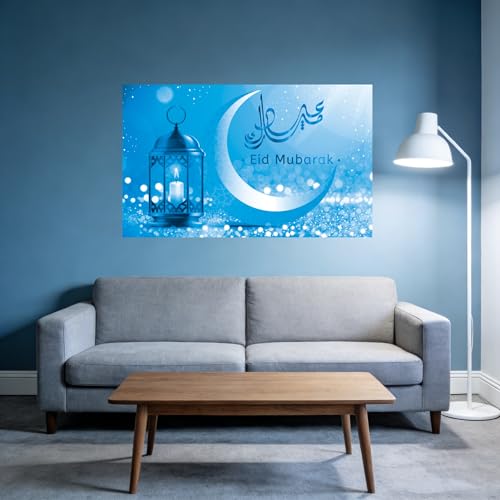 KYMY Eid Mubarak Backdrop, Islamic Muslim Festival Banner 70.9" X 43.3", Arabic Crescent Moon Star Lantern Mosque Photography Background Sign for Eid Al-Adha Hajj Festival Indoor Outdoor Decorations