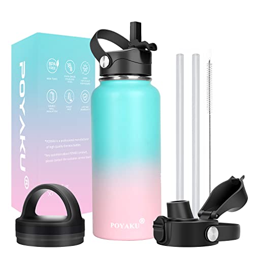 Water Bottle Insulated 32oz 40oz 64oz 128oz Straw Lid Spout Lid & 3 Lids, Leak Proof, Vacuum Insulated,Stainless Steel Water Bottle Wide Mouth for Sports, Gym or Office - color: Bubble Gum, size: 32 Ounces