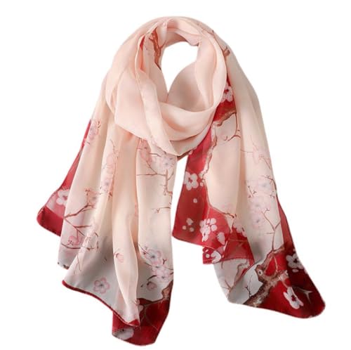 Xyueanlo Women's Chiffon Scarf Lightweight Scarves Fashion Elegant Floral Print Scarfs Shawls - color: Little Plum Blossom Red Pink