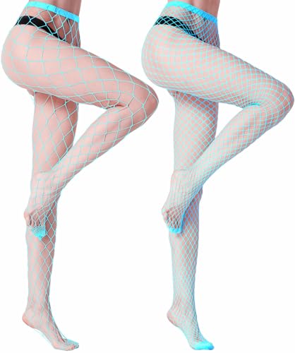 MengPa Women's Fishnets Tights High Waist Stockings Party Thigh High Pantyhose - color: 2pcs-blue
