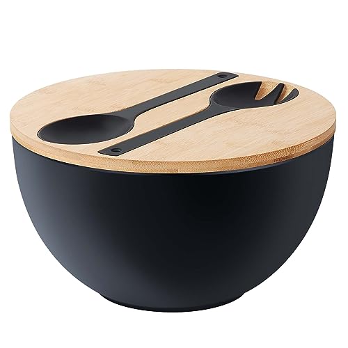 11.3" Extra Large Salad Bowl with Wooden Lid & Servers, 208Oz, Oversized Bamboo Fiber Salad Serving Set with Utensils for Home/Kitchen, Big Lightweight Bowl for Mixing Salad,Fruit,Pasta - Matte Black - color: Matte Black, size: 11.3 inch