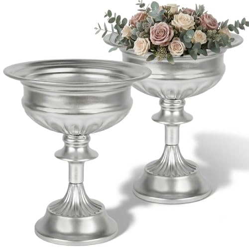 WORTH Small Urn Vases for Centerpieces Set of 2, Classic Metal Trumpet Flower Pots for Table, Bowl Vase for Wedding Party Event Home Deco (Silver, 7.8" Dia x 8.8" H), Smooth, Non-Aged Finish - color: Silver, size: 2x Large