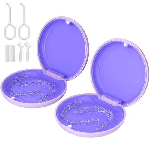 2 Pack Retainer Case, Compatible with Invisalign, Slim Aligner Case with Removal Tool, Aligner Seaters & Brush, Pocket Size Secure Magnetic Closure for Travel - Purple - color: 2 Pack - Purple