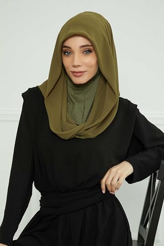 Aisha's Design Pre-tied Cotton-Chiffon Scarf for Women Practical Veil Instant Scarf Hijab Stylish Design - color: Khaki