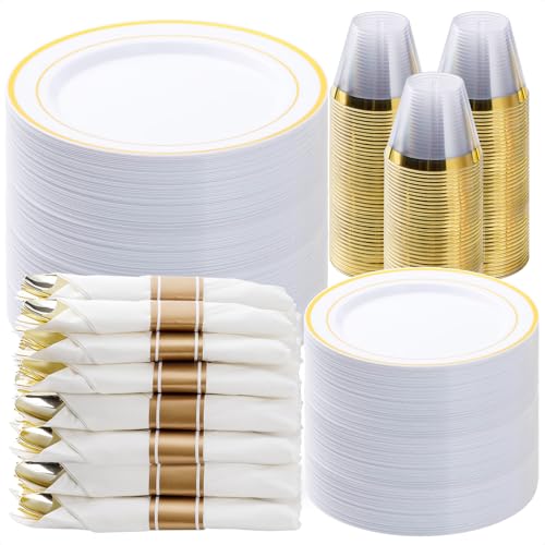 BESTVIP 525PCS Gold Plastic Dinnerware Set for 75 Guests, Disposable Plates for Party, Include: 150 Plastic Plates, 75 Pre Rolled Napkins with Gold Silverware, 75 Cups for Christmas, Halloween - color: Gold, size: 75 Guests