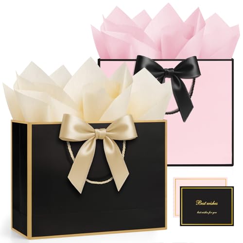 ANZNKU 2PCS Black & Pink Gift Bags Medium Wrapping Supplies, Gift Bags with Handles 4 Tissue Paper 2 Ribbon 2 Cards for Women Birthday Wedding Graduation Engagement Bridal Shower Present Party Favor - color: Black+Pink