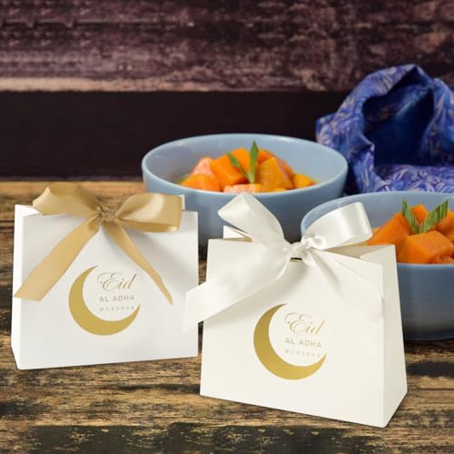Haozaikeji 20 Pack Eid Party Favor Box, Moon & Castle Pattern, Gold & White, 4.5 x 3.8 Inch, DIY Treat Paper Box with Ribbon Bow, Ideal for Eid Al Fitr Party Supplies - color: gold-moon