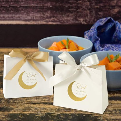 Haozaikeji 20 Pack Eid Party Favor Box, Moon & Castle Pattern, Gold & White, 4.5 x 3.8 Inch, DIY Treat Paper Box with Ribbon Bow, Ideal for Eid Al Fitr Party Supplies - color: gold-moon