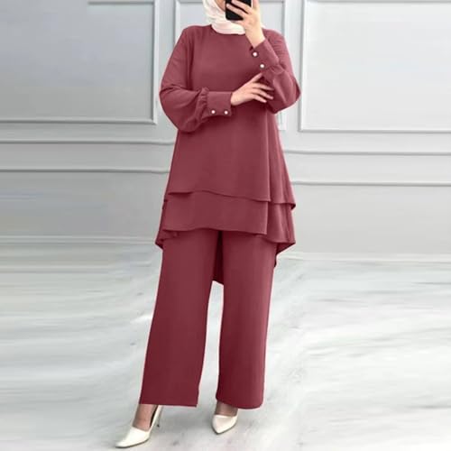 Muslim Casual 2 Piece Set For Women Long Sleeve Loose Top Wide Leg Pants Suit Plus Size Outfit Prayer Clothes - color: 1-red, size: Large