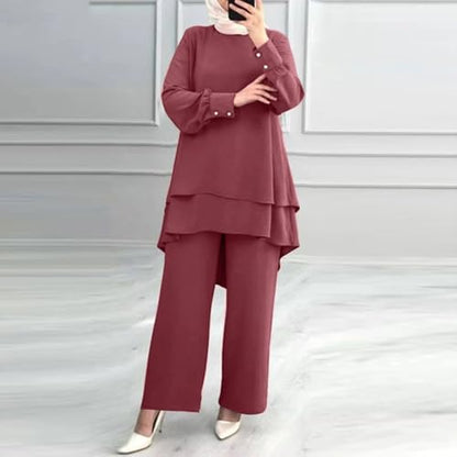 Muslim Casual 2 Piece Set For Women Long Sleeve Loose Top Wide Leg Pants Suit Plus Size Outfit Prayer Clothes - color: 1-red, size: Large