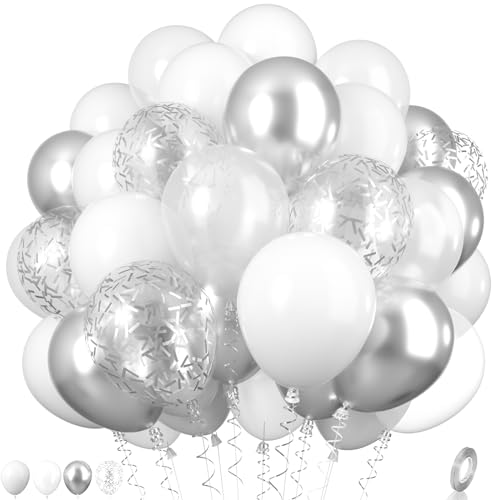 White and Silver Balloons, Metallic Silver and White Balloons Pearl White Silver Party Balloons Silver Confetti Balloons Chrome Latex Balloons for Kids Adults Birthday Wedding Baby Shower Graduation - color: Silver and White
