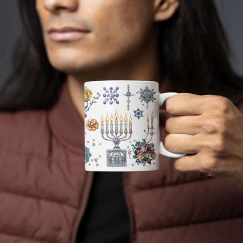 Personalized Hanukkah Coffee Mug 11oz 15oz, Custom Name White Cup, Sparkling Menorah Candles And Star Of David Full Wrap Mug, Customized Festive Ceramic Cup, Gift For Family Members - color: XUA-1124-3655-Hanukkah Mug