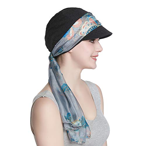 Alnorm Breathable Cotton Hat and Scarf Set Chemo Headwear for Women - color: Dark Gray Butterflies