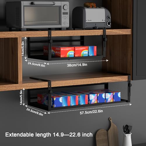 2Pack Under Shelf Basket, Adjustable Hanging Under Cabinet Shelf Storage, Hanging Holder Length Stretchable 14.9-22.6Inch for Kitchen Pantry Desk Counter Bookshelf Cupboard (Black)