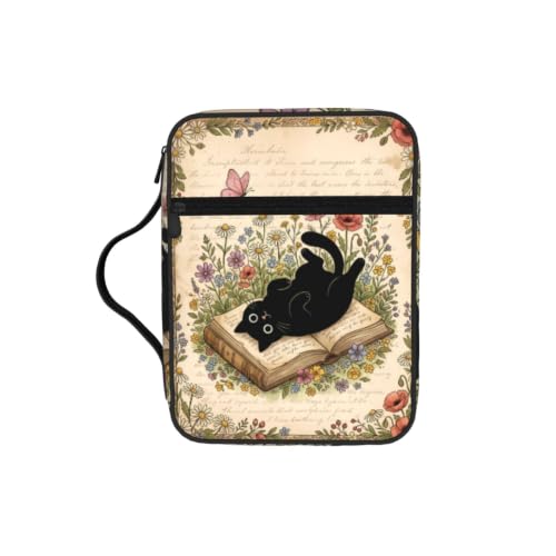 Cat Book Flower Bible Cover Case with Handle and Zippered Pocket - color: Cat Book Flower