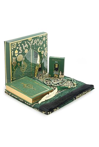ihvan online Prayer Gift Set for Men & Women, Muslim Prayer Rug, Salah Mat, Beads Taasbih, Arabic Holy Quran, Islamic Gift Set for Ramadan & Eid, Green - color: Green
