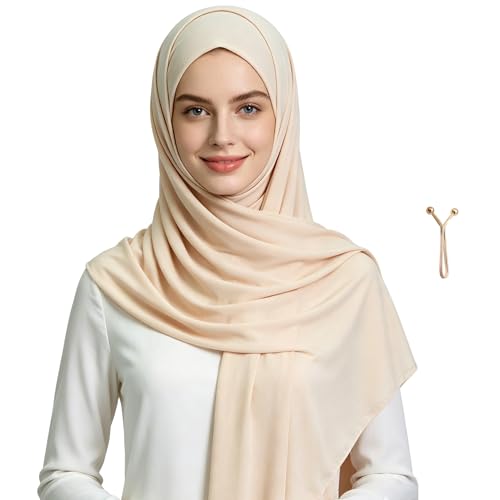 Jersey Hijab Scarf for Women,Lightweight Muslim Turban Head Scarf Modal Feel Hijab Coverings for Prayer with Clip - color: Skin