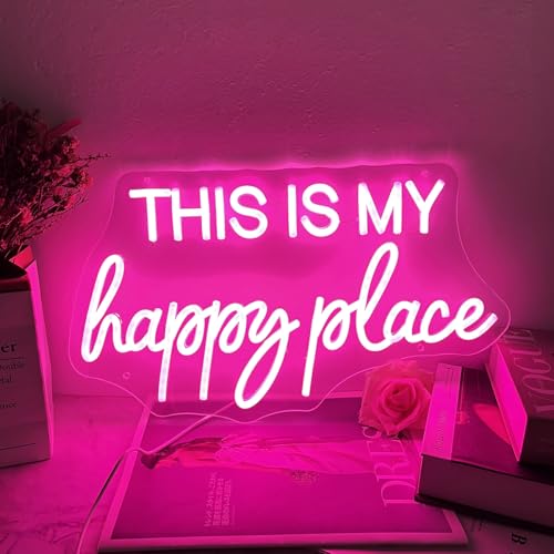This is My Happy Place Neon Sign Pink LED Letter Neon Light Teen Girls Room Decor, Happy Place Light Up Sign for Bedroom Home College Dorm Game Room Decor, USB Powered with Dimmable Switch - color: HappyPlace-pink