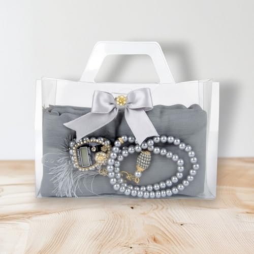 Premium Hijab Gift Set – 3-Piece Muslim Set with Chiffon Scarf, Prayer Beads (Tasbih) & Zikr Counter - color: Gray