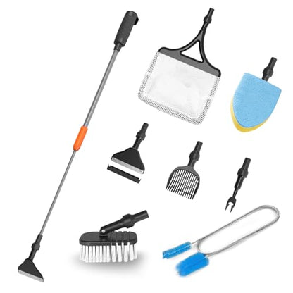 SEAOURA 7-in-1 Aquarium Cleaning Tool, Fish Tank Cleaner with Telescopic Handle,Aquariums Scraper,Adjustable Angle Brush,Gravel Rake,Plant Fork, Flat Sponge,Large Fishes Net,Hose Brushes