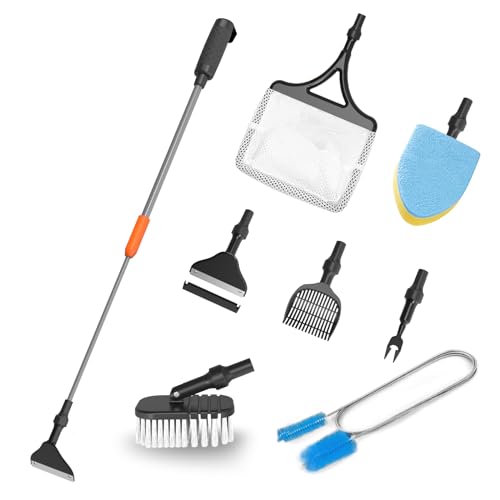 7-in-1 Aquarium Cleaning Tool, Fish Tank Cleaner with Telescopic Handle | Aquariums Scraper,Adjustable Angle Brush,Gravel Rake,Plant Fork, Flat Sponge,Large Fishes Net,Hose Brushes