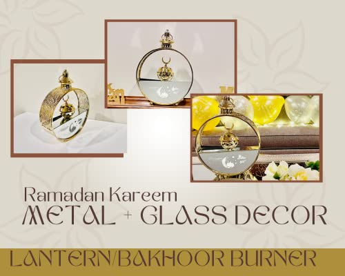 Eid Mubarak Hanging Lantern Islamic Metal Lamp Islamic Lamp, Ramadan Mubarak LED Light, Eid ul Fitr Hanging Lantern Glass and Metal Lantern for Home, Offices, Eid Gifts 14"X10" (Crescent) - color: Crescent