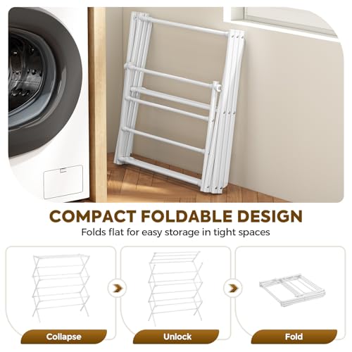 KINGBOARD Clothes Drying Rack, Collapsible Drying Rack Clothing with 11 Poles, 3-Tier Laundry Drying Rack, Small Clothes Drying Rack Foldable for Baby Clothes Sock Towel, 25lb Capacity, White - color: White