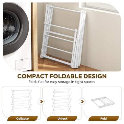 KINGBOARD Clothes Drying Rack, Collapsible Drying Rack Clothing with 11 Poles, 3-Tier Laundry Drying Rack, Small Clothes Drying Rack Foldable for Baby Clothes Sock Towel, 25lb Capacity, White - color: White