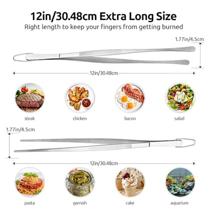 U-Taste 12" Kitchen Cooking Tweezer Set: 18/8 Stainless Steel Food-Grade Metal Food Tong, Flexible Pinching, Seamless-Welding, Sturdy and Non-Slip for Serving, Grilling, Frying (Round & Pointed Tip) - size: 12in (round+pointed tip)