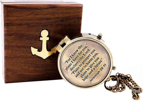 Brass Pocket Compass with Wooden Box, Jeremiah 29:11 Engraved, Antique Finish, Chain Included, Christian Gift