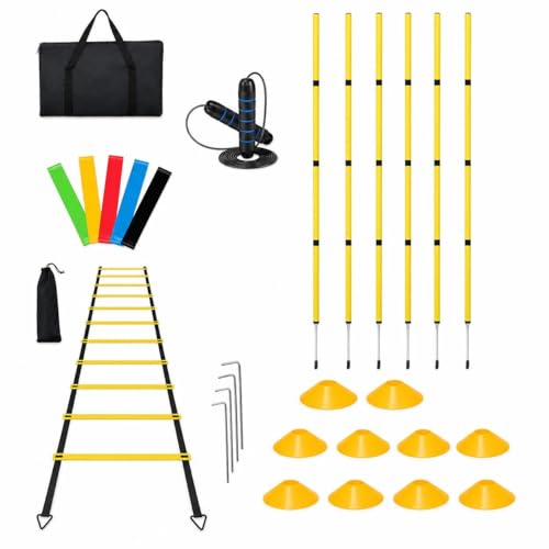 Exercise Sets for Women, 6-Piece Agility Ladder & 10 Cones, 5 Resistance Bands, Speed Rope, Ground Stakes, Carry