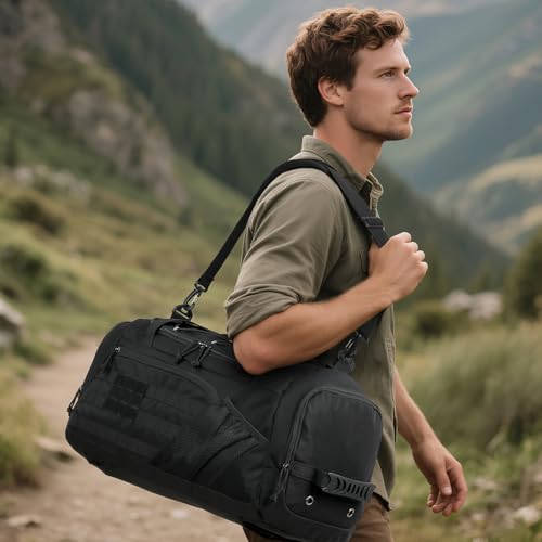 3-in-1 Tactical Gym & Travel Duffle Bag Backpack Men Multi-Functional 45L Military Sports Duffle Bag with Shoe Compartment & Wet Pocket for Workout Weekender Overnight Bag with Molle Webbing, Black - color: Black