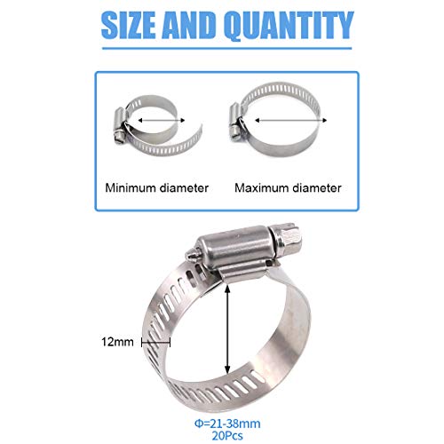 Glarks 20Pcs 304 Stainless Steel Adjustable 21-38MM Range Worm Gear Hose Clamps Assortment Kit, Fuel Line Clamp for Water Pipe, Plumbing, Automotive and Mechanical Application (21-38MM) - size: 21-38MM