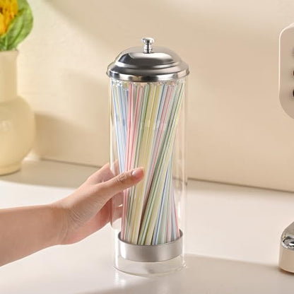 Fox Run Glass Straw Holder with Stainless Steel Lid & Lifter For Countertop | 3.5" x 10.5" Dispenser with 100 Straw Capacity | Stores Chopsticks, Pencils, Pencils, Forks & More | Dishwasher Safe Holder