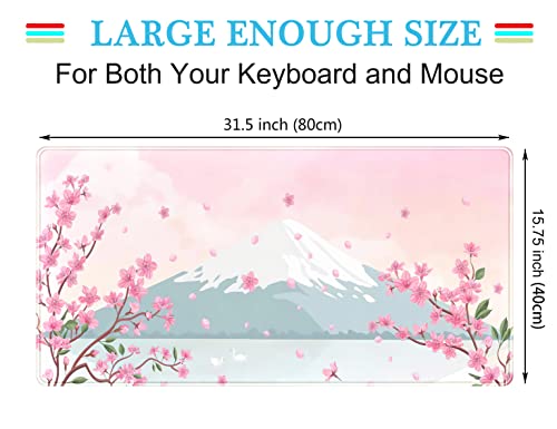 Japanese Desk Mat Pastel Pink Cherry Blossom Mouse Pad Mt Fuji Japan Large Gaming Anime Mousepad XXL 31.5x15.75 in, Kawaii Aesthetic Flower Cute Women Office Decor Computer Laptop Keyboard Mat - color: C-pastel Pink Cherry Blossom