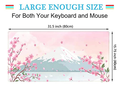 Japanese Desk Mat Pastel Pink Cherry Blossom Mouse Pad Mt Fuji Japan Large Gaming Anime Mousepad XXL 31.5x15.75 in, Kawaii Aesthetic Flower Cute Women Office Decor Computer Laptop Keyboard Mat - color: C-pastel Pink Cherry Blossom