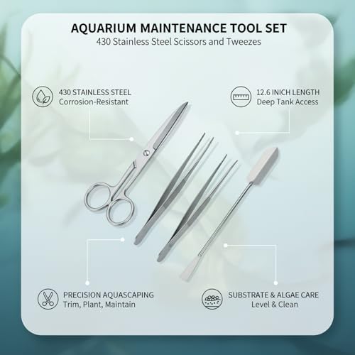 Aquarium Maintenance Tool Set - 430 Stainless Steel Long Reach Scissors, Tweezers & Sand Shovel for Fish Tanks - size: 12.6 x 2.76 x 0.59 in