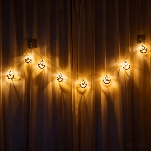 KYMY Diwali String Lights, 10ft 20 LED Battery Operated Deepavali Rangoli Curtain Warm Lights, India Festival of Lights Lotus Diyas Party Decorations for Hindu Wedding, Wall, Window, Fence Supplies - color: G-Warm