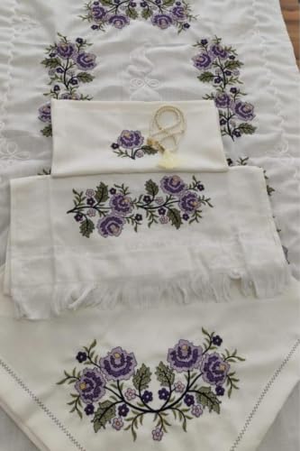 Embroidered Kanaviçe Bohça Set - Purple, 5-Piece Traditional Turkish Gift Set Includes Large Square Cloth (35.4 x 35.4 in/35x35in), Prayer Rug (29.5 x 49.2 in/30x49in), Velvet Towel (19.7 x 35.4 in/20