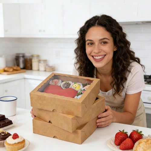 12Pack 9x9x2.5 Inches Kraft Brown Bakery Boxes,Pie Boxes with Clear Window Treat Boxes for Chocolate Strawberries, Pastries, Muffins, Donuts,Cookie,Breakable Heart - color: Brown
