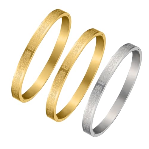 AYATUL KURSI Islamic Jewelry Bracelets Stainless Steel Openable Bangles Arabic Calligraphy Islamic Faith Gifts Messager Islamic Calligraphy Muslim Men Jewelry Bracelets Gift for Women - color: 2 Gold 1 Steel color