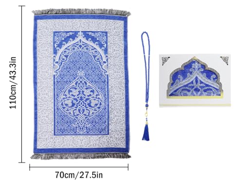 Anlising Muslim Prayer Rug and Beads with Elegant Box, Islamic Prayer Mat, Muslim Prayer Rug, Ramadan Prayer Blanket, for Muslim, Islamic, Ramadan, Eid al Fitr, Prayer (Blue,70x110CM)